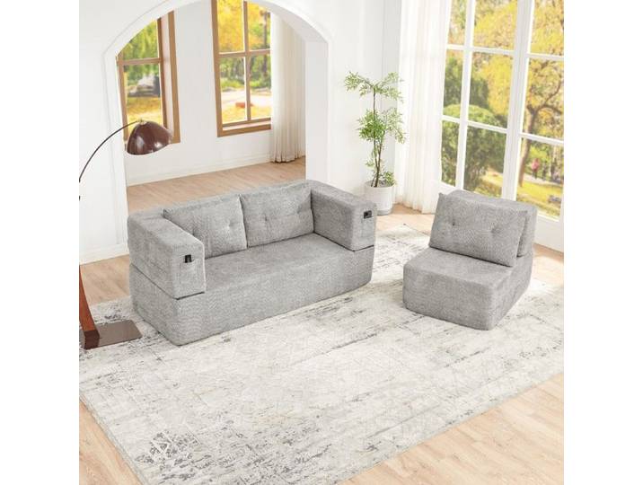 Lit canapé convertible en sofa - MINIMAL - Canapé modulaire - 3 places - Gris clair - Rangement latéral