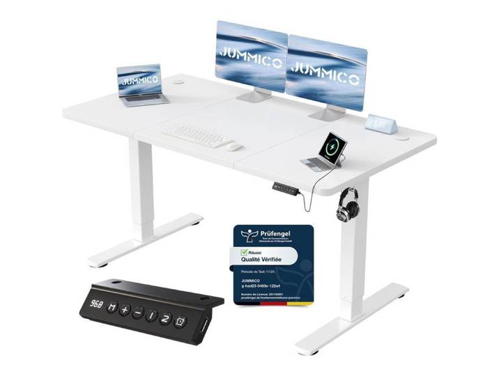 Bureau Assis Debout 140×60 cm Rappel Posture 2 Mémoires Blanc Rappel Posture Charge 70 kg Rangement Câbles Hauteur 72-118 cm