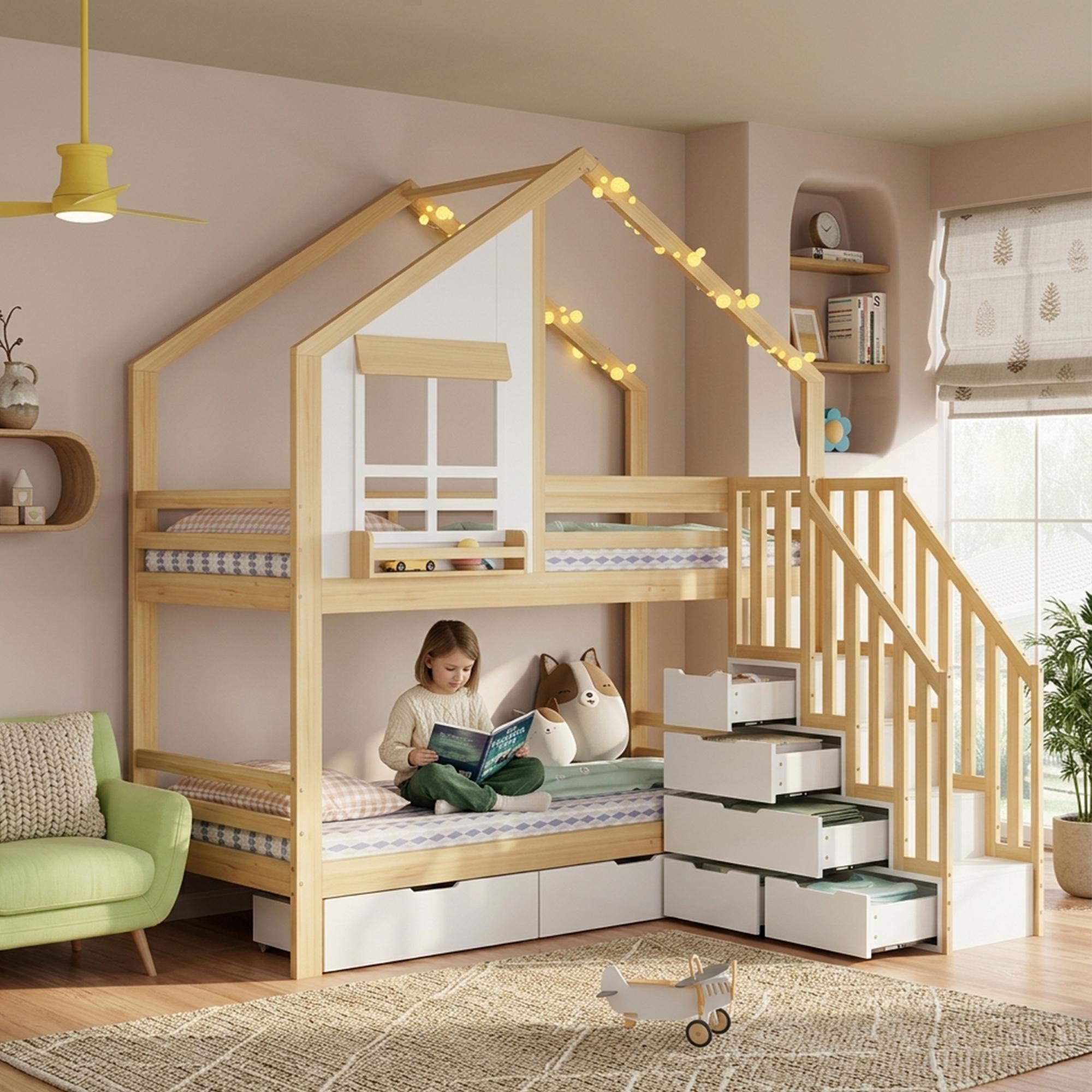 okwish Etagenbett 90×200 mit Schubladen, Kinderbett mit Fenstern und Sicherheitsgeländer,Doppelbett Viel Stauraum in Natur,ohne Matratze