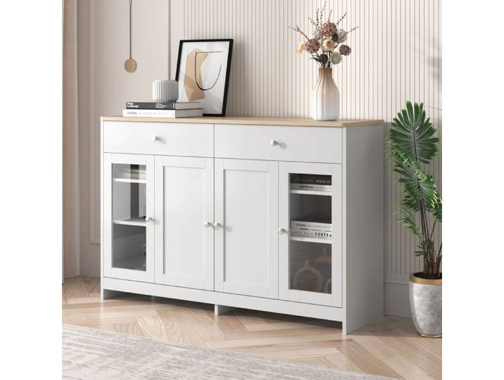 Nouveau épaissi design moderne blanc panneaux latéraux en bois grainé quatre portes deux tiroirs porte en verre. Salon salle