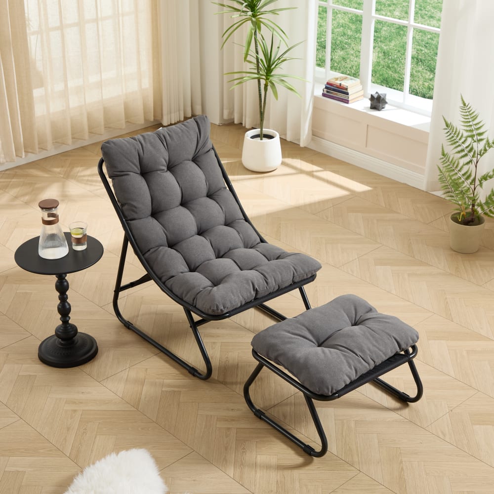 Urban Cocon Fauteuil lounge relax avec repose-pieds, coussin gris, structure noire Gris 82x14x66cm