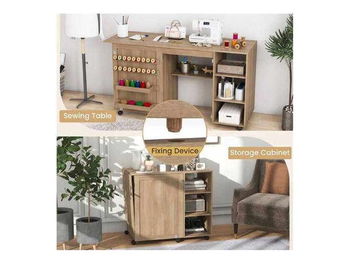 6 roulettes verrouillables table de couture pliante 2-en-1 avec rangement pour couture et loisirs créatifs