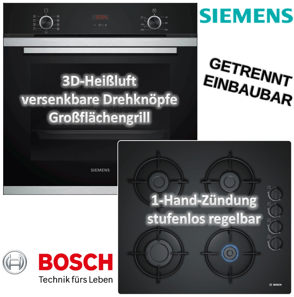 HERDSET Siemens Backofen mit Bosch Gaskochfeld autark 60 cm + Teleskopauszug NEU