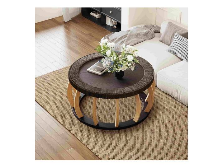ANYSUN Couchtisch aus Massivholz mit Rattan, rund, Boho-Stil, stabil & vielseitig (Einzelstück, Einzelstück), Runder Couchtisch 90×90×43 cm, Naturton, stabil, vielseitig nutzbar