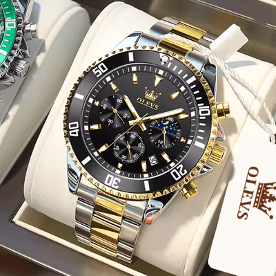 Inspire Essentials OLEVS Luxury Mens Watch Stainless Steel Chronograph Waterproof With Moon Phase gold Black
