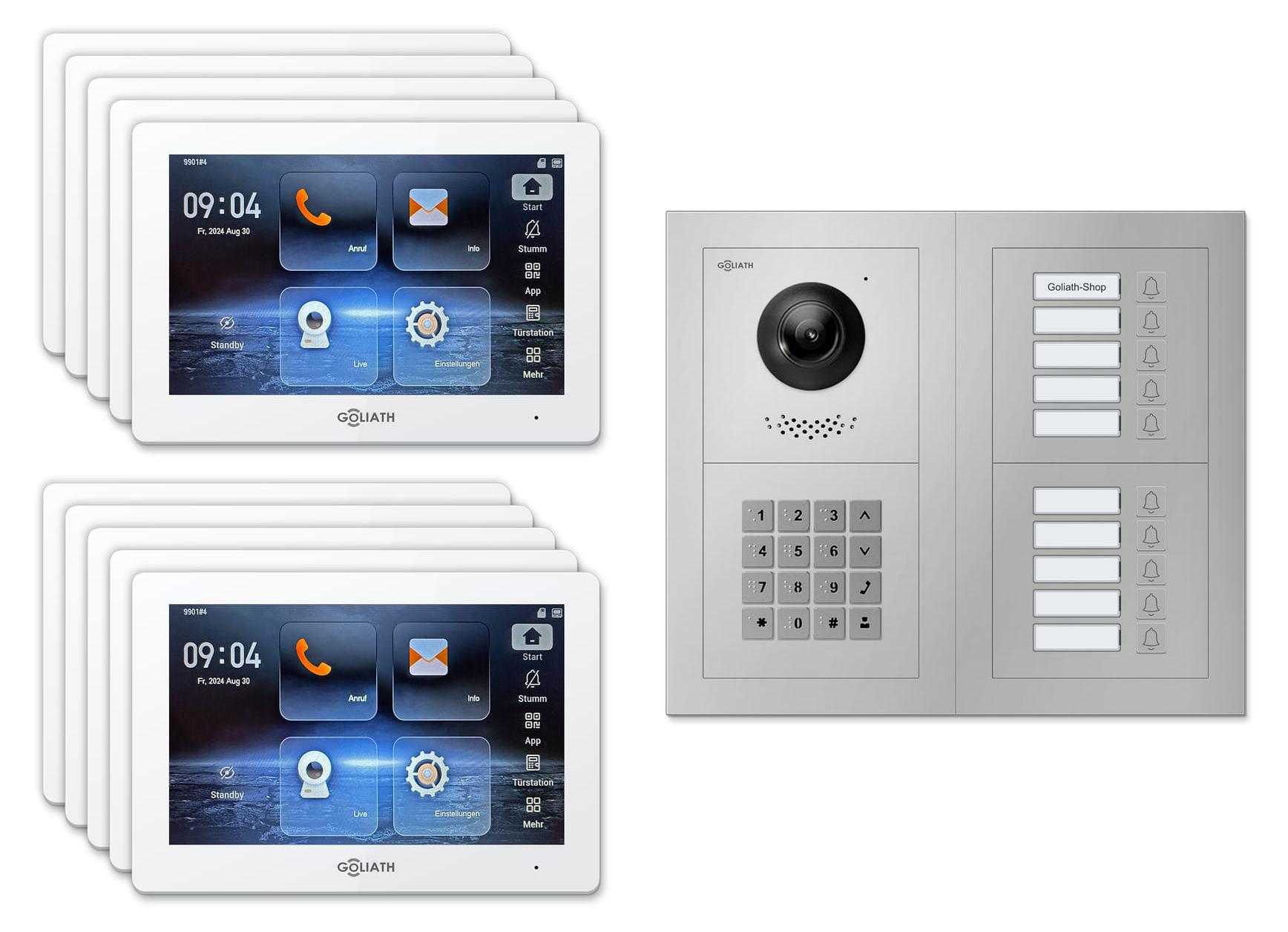 Goliath Premium IP GL-IPH1025.1 Video-Türsprechanlage, 10 Familien, 10× 7 Zoll Weiß, Silber, Aufputz