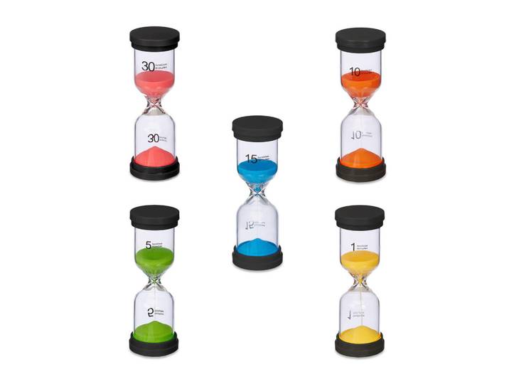 Relaxdays Sanduhr Bunt 5er-Set, Mehrfarbig, Kunststoff, Glas, Naturmaterialen, 5.5x16x5.5 cm, Dekoration, Uhren, Tischuhren