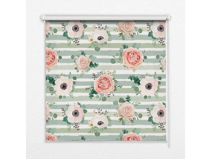 Tulup Innenrollo - Fensterrollo - Rollo - 100x100 cm - Rosen auf grünen horizontalen Streifen, Grün, Kunststoff, Quadratisch, 100x100x0.5 cm, Heimtextilien, Vorhänge, Rollos