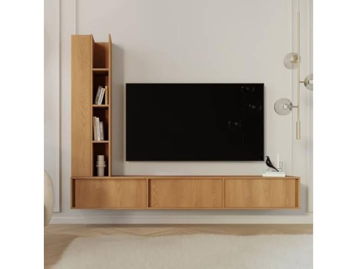 BEAUTY SOFA VERO Wohnwand 2-teilig mit TV-Lowboard 230 cm und Hochschrank, hängend oder stehend, grifflos, Japandi TV-Möbel Set, Eiche Carmel