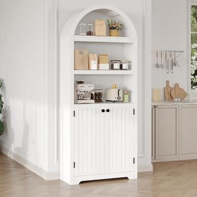 Garvee "72"" Arched 5-Tier Wooden Bookshelf Cabinet with Double Doors, White"