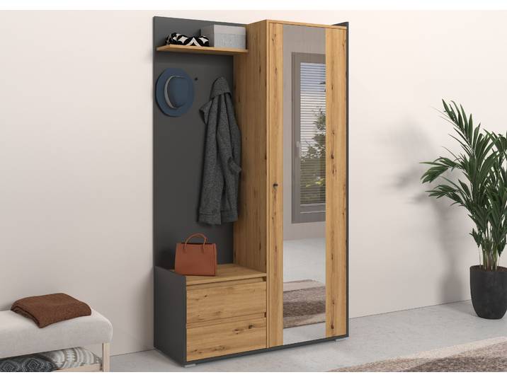 Garderobenschrank HOME AFFAIRE Kosmo , schwarz (anth, eich), B:110cm H:188cm T:38cm, Holzwerkstoff, Schränke, Garderobenschrank, mit Spiegel Masse 118 x 30 cm, Höhe 190 cm, Breite 110 cm