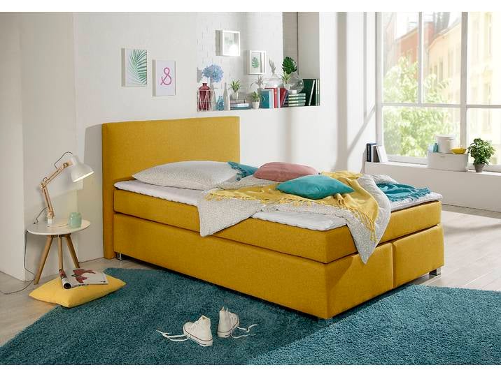 Boxspringbett, Gelb, 127x210 cm, Strukturstoff, Inkl. Topper, Modern, Inosign