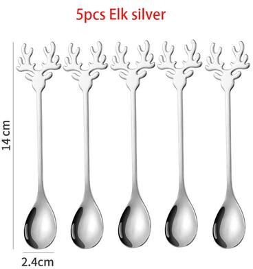 Modern Mode Marketplace Stainless Steel Christmas Coffee & Mini Espresso Spoons Set Festive Elk Design elk Sliver