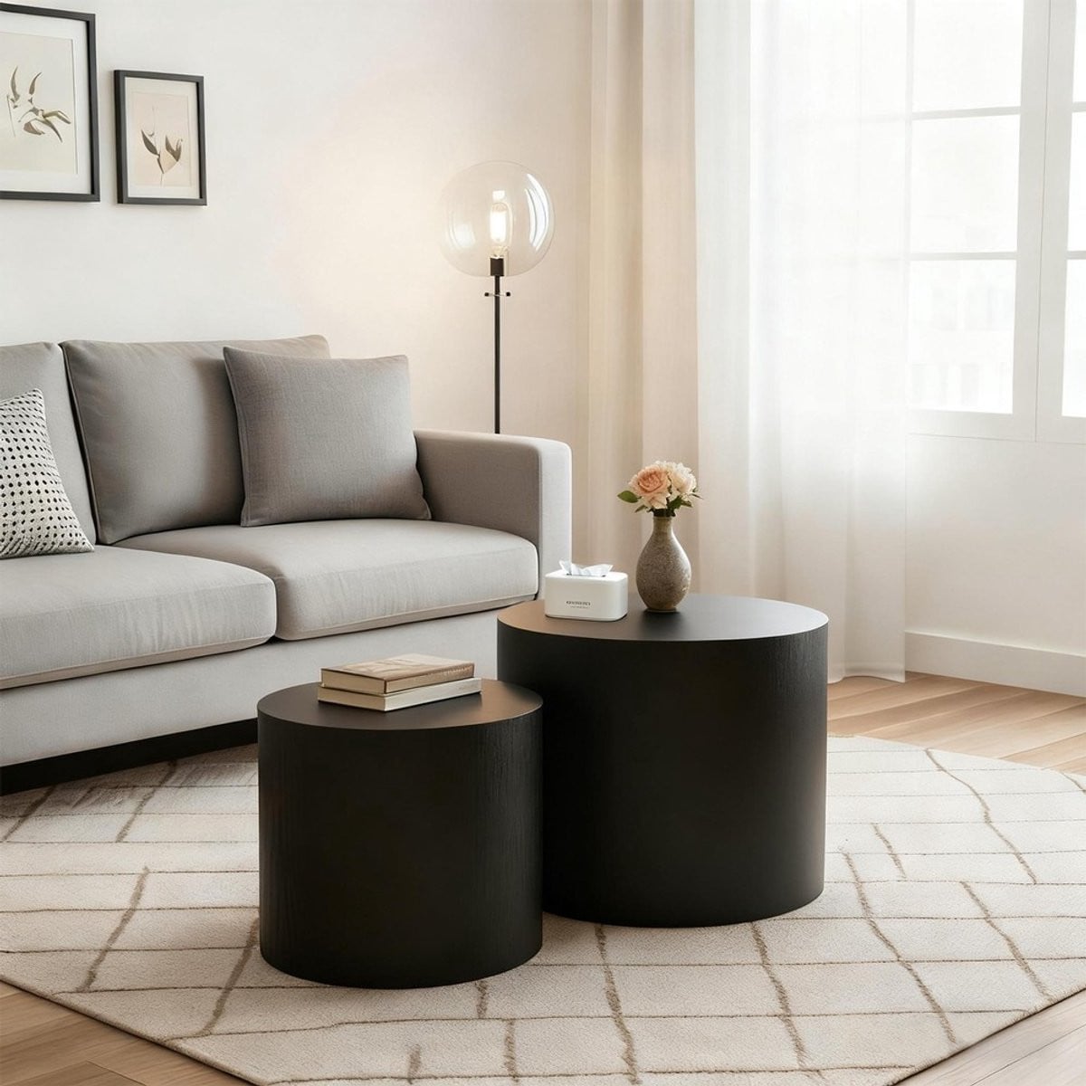 Pugsdrly Tweedelige bijzettafelset, moderne ronde houten salontafel met antislipvoetjes, zwart
