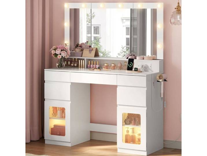Coiffeuse avec miroir triple - WOLTU - Ampoules LED - Station de Charge - 5 tiroirs - Blanc