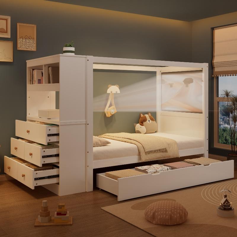 Bettgestell 90x200 cm Weiß aus Kiefernholz, MDF, Sperrholz mit Stauraum, Kinderbett 90x200 mit Fallschutz für Schlafzimmer