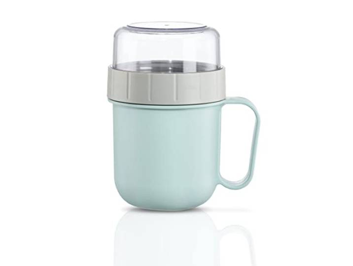 Xavax Müslibecher 2 Go, 500+200 ml (2 Fächer, Müslibecher für z.B. Joghurt, Milch, extra Topper für Müsli, Obst, Cornflakes etc., auslaufsicherer To Go Becher, spülmaschinenfest) Pastellblau/Grau