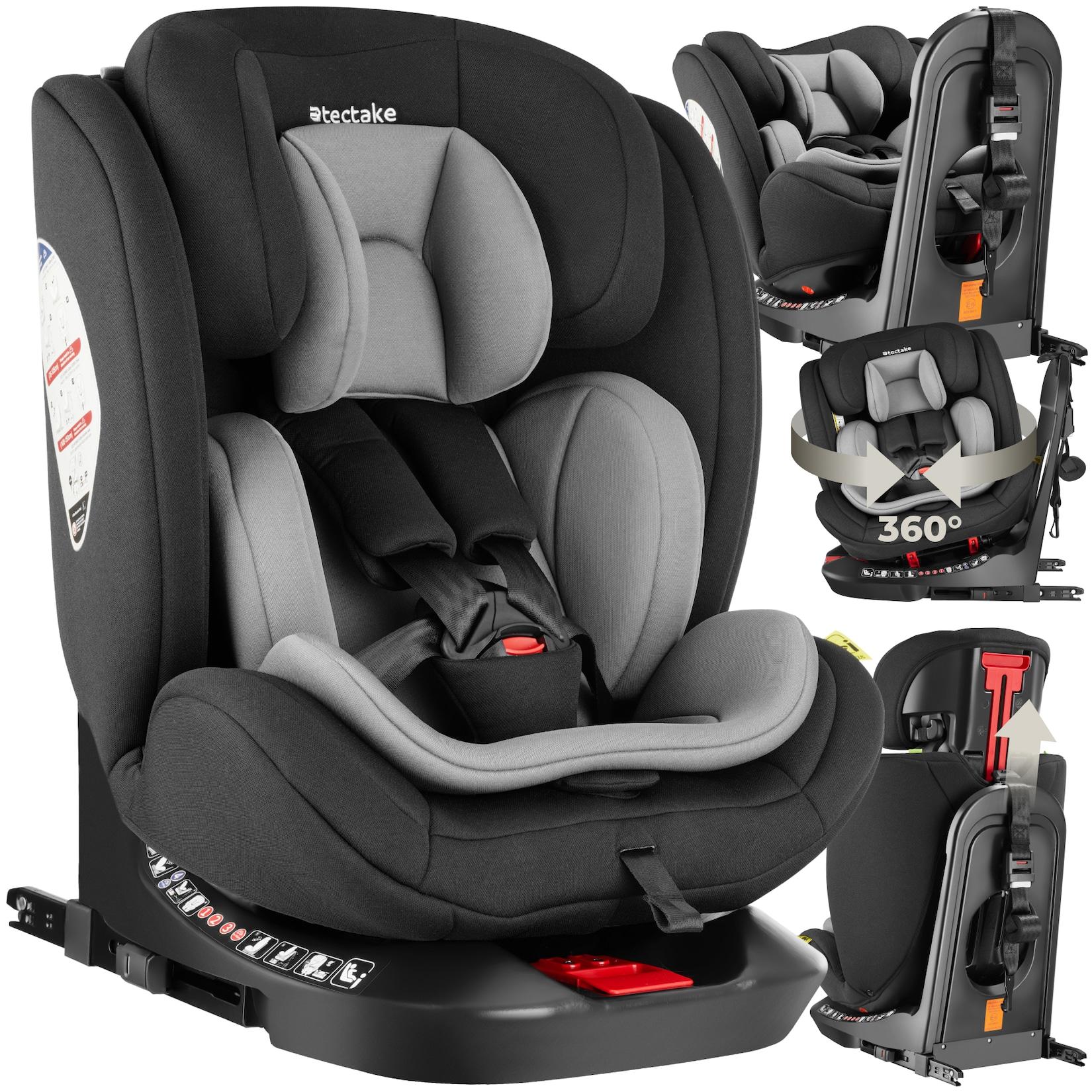 tectake® Drehbarer Autositz, i-Size Zulassung, ISOFIX-Installation und Top Tether, mit Seitenaufprallschutz, längenverstellbarer 5-Punkt-Gurt, höhenverstellbare Kopfstütze, ab Geburt bis 150 cm, Belastbarkeit 18 kg