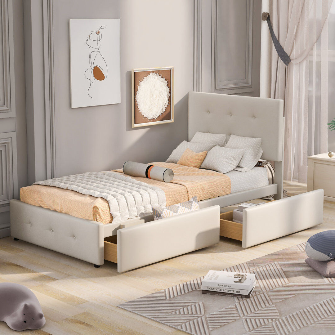 17 Stories Upholstered European Single Metal Drawers Bed Beige 100cm H X 97cm W X 208.5cm L