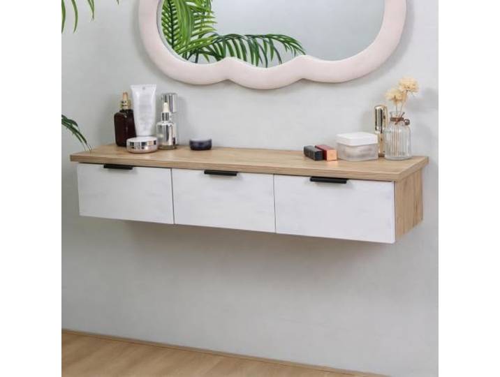 Schwebender Schminktisch, Schminktisch Wandmontage, Holz mit Schubladen 3 Aufbewahrungsschubladen, Vormontiert und Platzsparend für Schlafzimmer, Wohnzimmer und Arbeitsbereich(A)