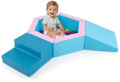 Costway 3-Piece Baby Foam Climbing Blocks Climb and Crawl Set with 100 Ocean Balls-Blue