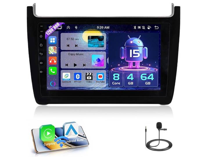 A-Sure 9 4+64G Android 15 Autoradio Navi Carplay Für VW Polo 6R 6C 2009-2017 Autoradio (DAB+ (optional), 8-Core 4+64G, FM, AM, RDS)