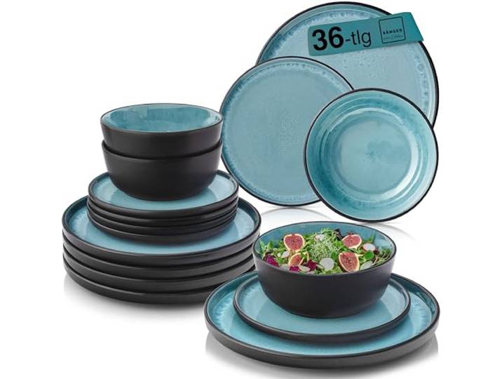 SÄNGER Granada Steingut Geschirr Set 36 tlg, Teller Set 12 Personen Geschirrset 12x Speiseteller 12x Müslischalen 12x Dessertteller, Tafelservice blau mit schwarzem Rand