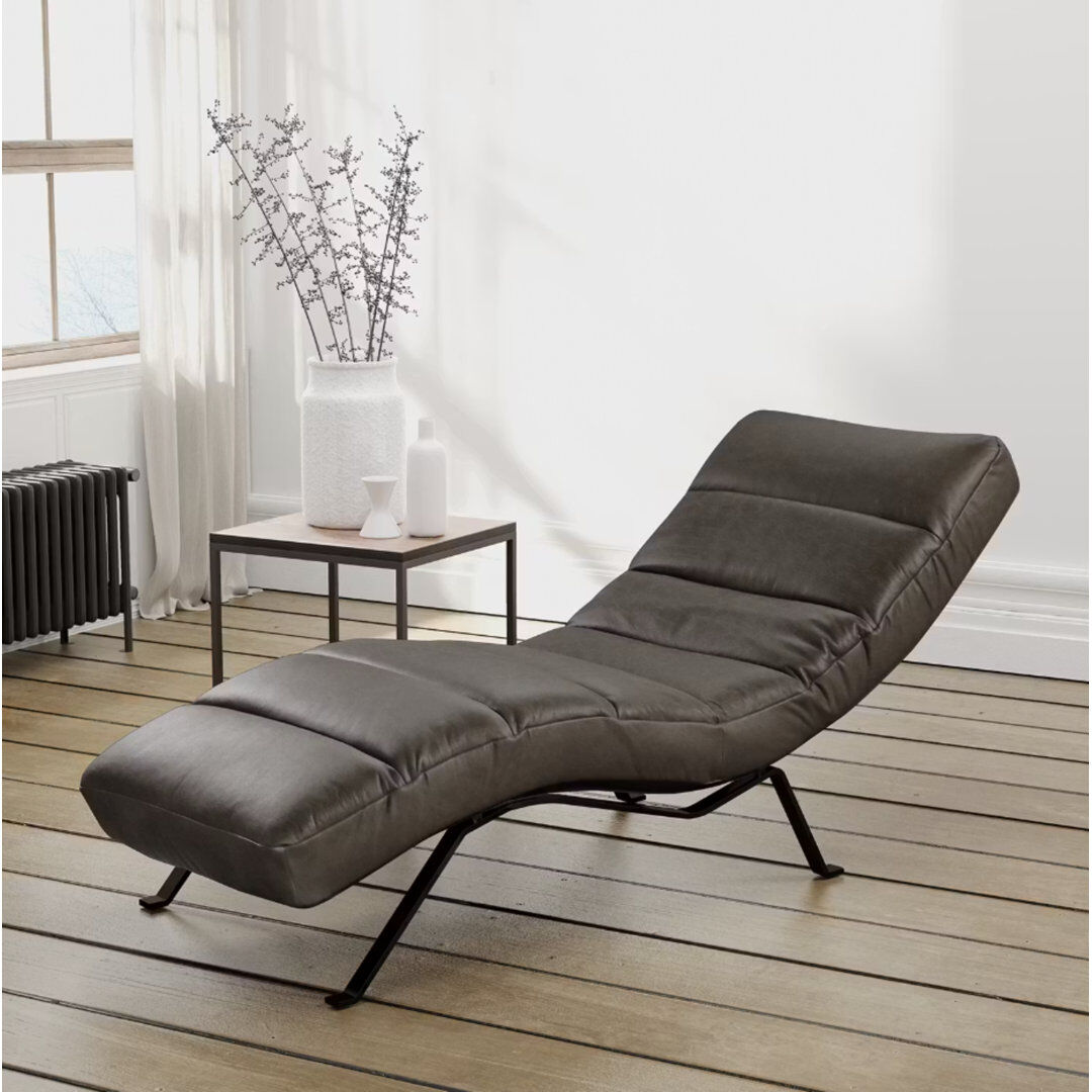Ebern Designs Texas Chaise Lounge in Aniline-Leather with Adjustable Backrest Black/Dark Brown 95cm H X 65cm W X 171cm L