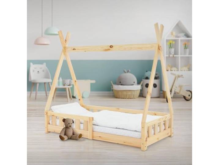 ML-Design Kinderbett Tipi 70x140 cm Natur mit Rausfallschutz und Lattenrost, Indianer Bett aus Kiefernholz für Mädchen & Jungen, Hausbett mit Zaun, Kinderhaus Bodenbett Jugendbett Spielbett Zelt