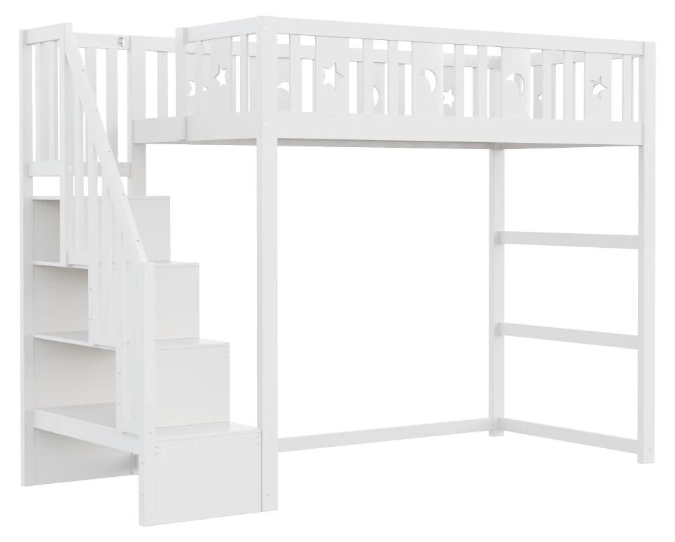 Kinder-Hochbett - Etagenbett 90 x 200 cm - Massivholz - Sicherheitsgitter - Stauraum - Treppe - Weiß