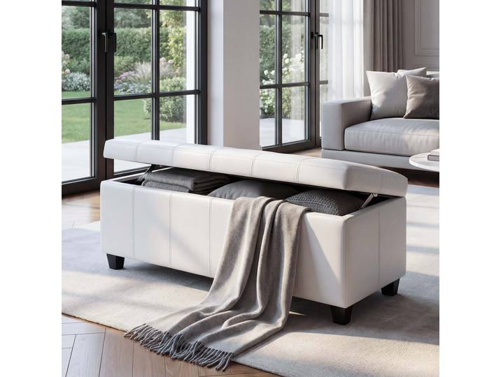 Aufbewahrungs-Truhe Sitzbank Kriens, LEDER, 112x45x45cm MVG-zertifiziert Weiß
