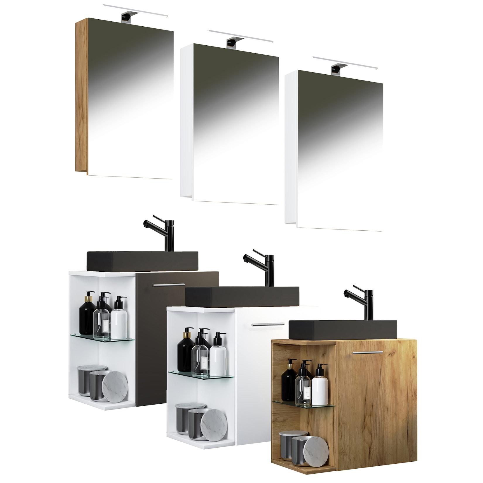 VCM 3-tlg Set Waschplatz für Gäste WC Gästebad Waschtisch mit Spiegel Badezimmer Set – Hausa SP-BL