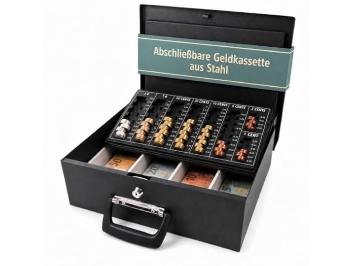 hjh OFFICE Geldkassette SAFE I – Abschließbare Stahl-Geldkassette mit Euro-Münzbrett, Banknotenfächern und Tragegriffen, für Bargeld, 35,5 x 27,5 x 10,5 cm
