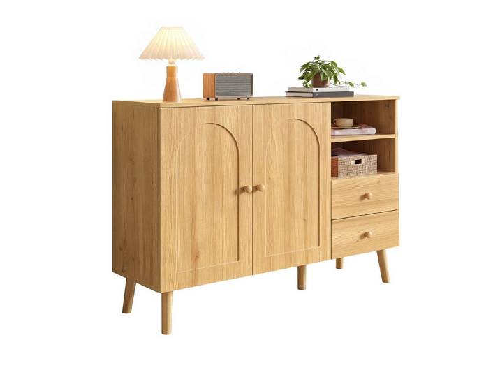 Fine Life Pro Sideboard Sideboard, gewölbte Türen, Holzgriffe, 2 Türen+2 Schubladen, offenes Fach, Aufbewahrung, für Wohnzimmer, Esszimmer & Flur