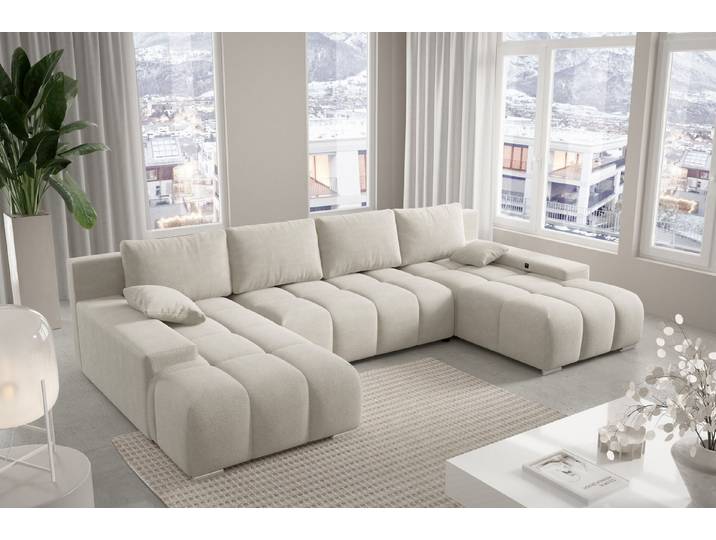 PROMETO Möbel Ecksofa Ecksofa Couch U-Form, Teddy-Bouclé Stoff Schlaffunktion, USB inkl