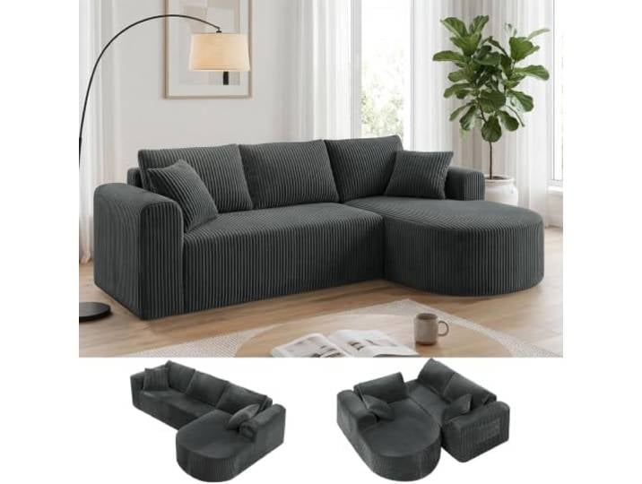 COMHOMA Ecksofa mit Schlaffunktion, 263cm Corduroy Modulares Boneless Couch mit Chaiselongue, L-Form Schlafsofa, Sektionssofas mit Kissen & Seitentaschen,Sofa für Wohnzimmer, Keine Montage, Grau
