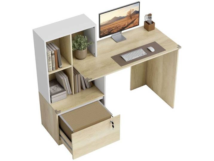Bureau Informatique avec Bibliothèque et Tiroir Classeur Verrouillable Bureau d'Angle Style Chêne et Blanc