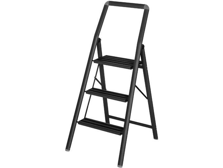 Trittleiter WENKO Modell Alu-Compact, Klapptritt , schwarz, B:48cm H:114,5cm L:6cm, Aluminium, Kunststoff, Leitern, Trittleiter, leichte, mit Anti-Rutsch-Füßen zusammenklappbare Leiter