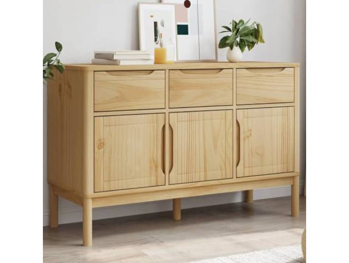 RJPLMFV Anrichte Floro, braun, wachs, 114 x 43 x 74 cm, massives Aufbewahrungsschrank mit 2 Türen, Holzfüßen, rustikaler Stil, für Wohnzimmer oder Esszimmer