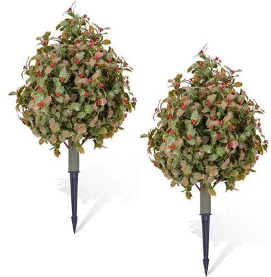YUN "23.6"" Artificial Holly Topiary Ball Tree with Metal Ground Spike"