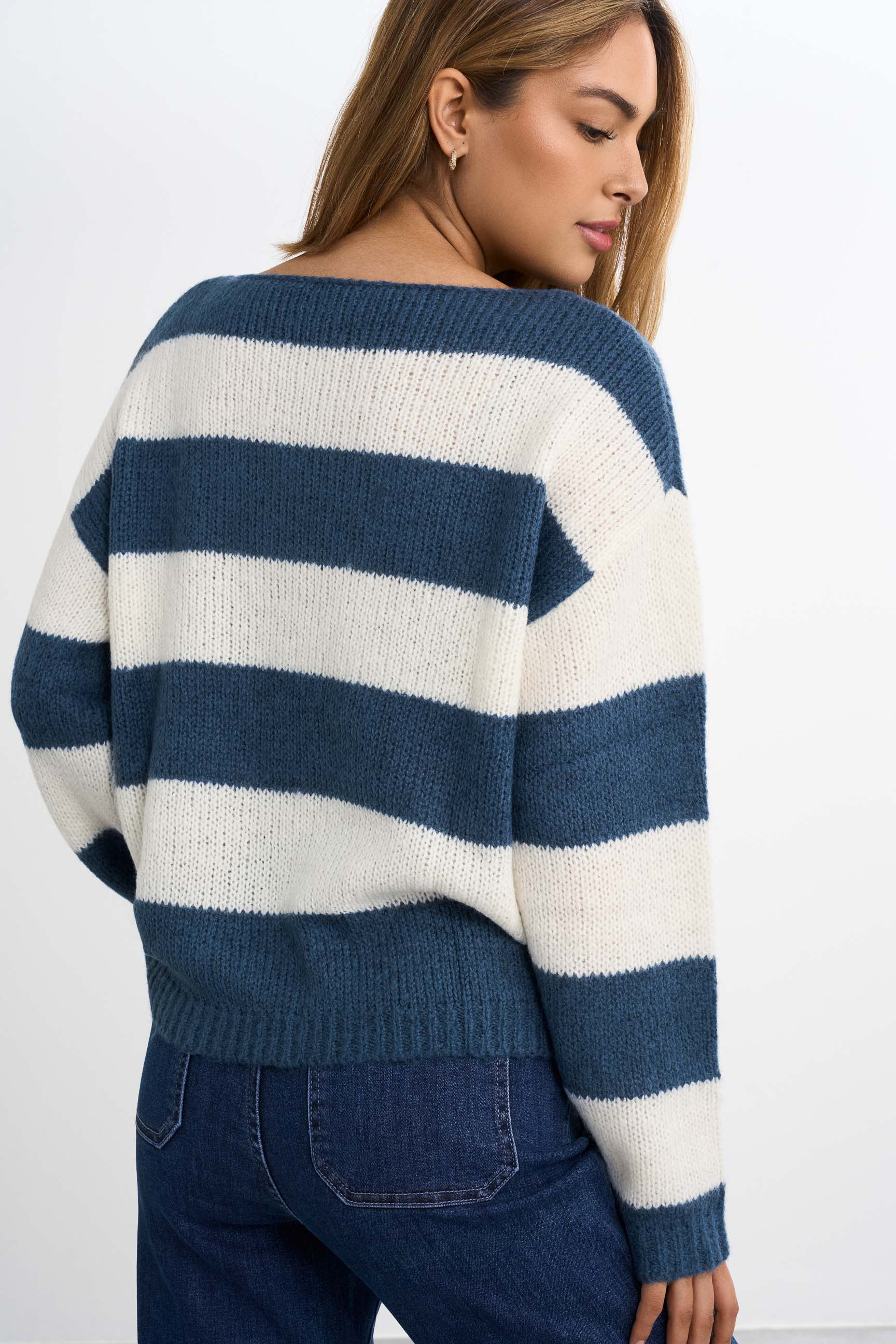 FAMME - Knitted Striped Sweater - White/Blue / XS