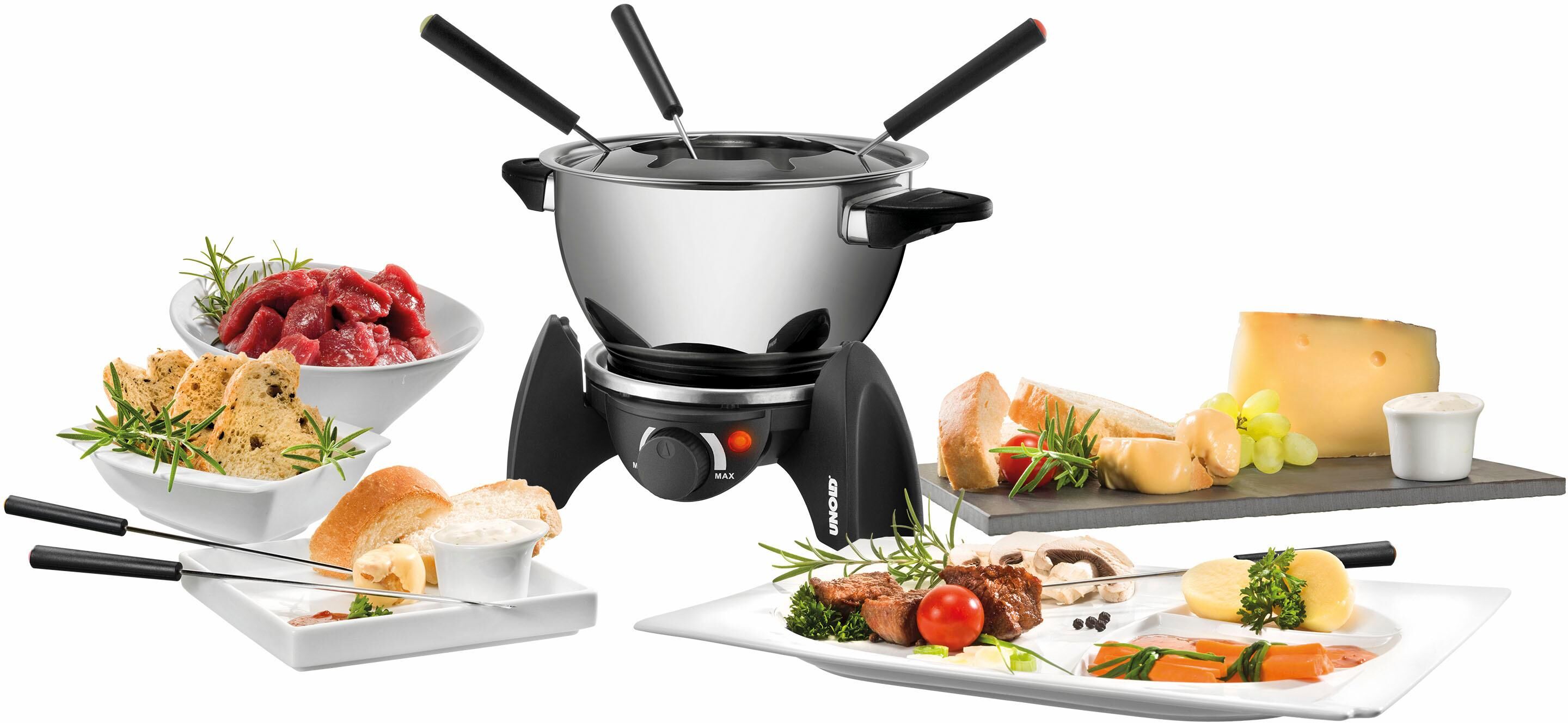 UNOLD Elektro-Fondue "48615", silber (edelstahlfarben), B:24,6cm H:16,5cm T:17,5cm, Fondues, Edelstahl-Fonduetopf plus feuerfestem Keramiktopf, Elektro-Fondue