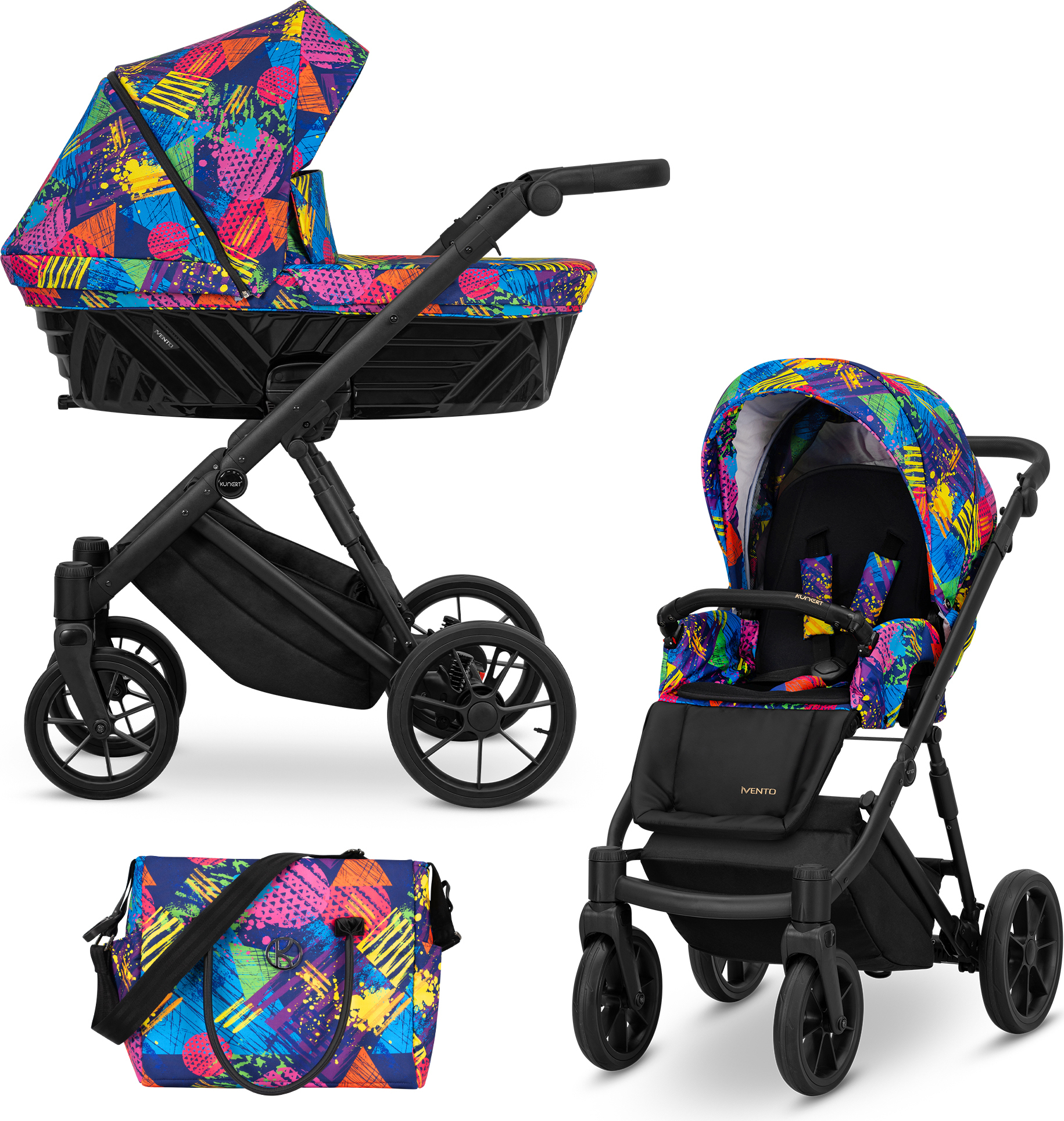 Kinderwagen IVENTO Sportwagen Babywagen Babyschale Komplettset Kinder Wagen Set 2 in 1 (Colors Impresion, Rahmenfarbe: Schwarz)