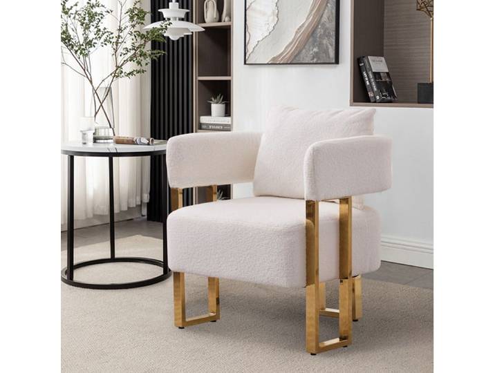 WOVREO Fauteuil 1 place blanc en velours avec accoudoirs et pieds métal doré
