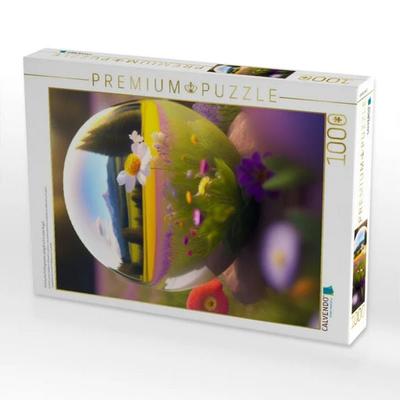 CALVENDO Puzzle Eine bunte Frühlingswiese spiegelt sich in einer Kugel. | 1000 Teile Lege-Größe 64x48cm Foto-Puzzle für glückliche Stunden