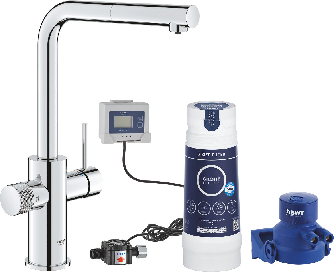 Grohe Blue PURE - Rubinetto 2in1 con filtraggio acqua - INSTALLAZIONE INCLUSA - Cromato bocca a ""L"" con doccetta estraibile