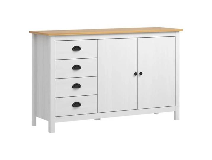 Buffet bas - DUOKON - Hill Range - Bois de pin massif - 2 portes - 4 tiroirs - Blanc et marron miel