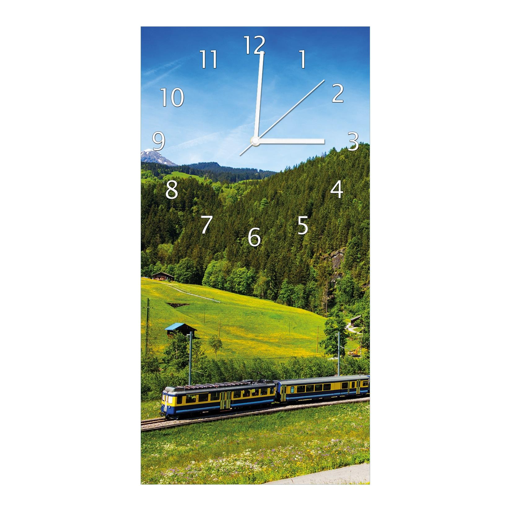 Wallario Uhr 30 x 30 cm, weiße Zeiger Eisenbahn in einer Sommerlandschaft in der Schweiz