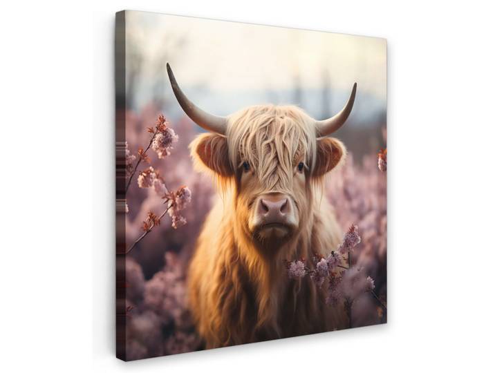 LEINWANDBILD Schottischer Hochländer - Frühling - Hochland Wandbild Wohnzimmer 50x50 cm