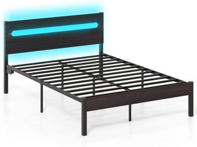 Costway Heavy-Duty Metal Slats Support Bed Platform with Charging Station-Walunt